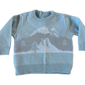Vintage Baby Blue Knit Sweater Mountain Ski Pattern 3 Months Retro Infant